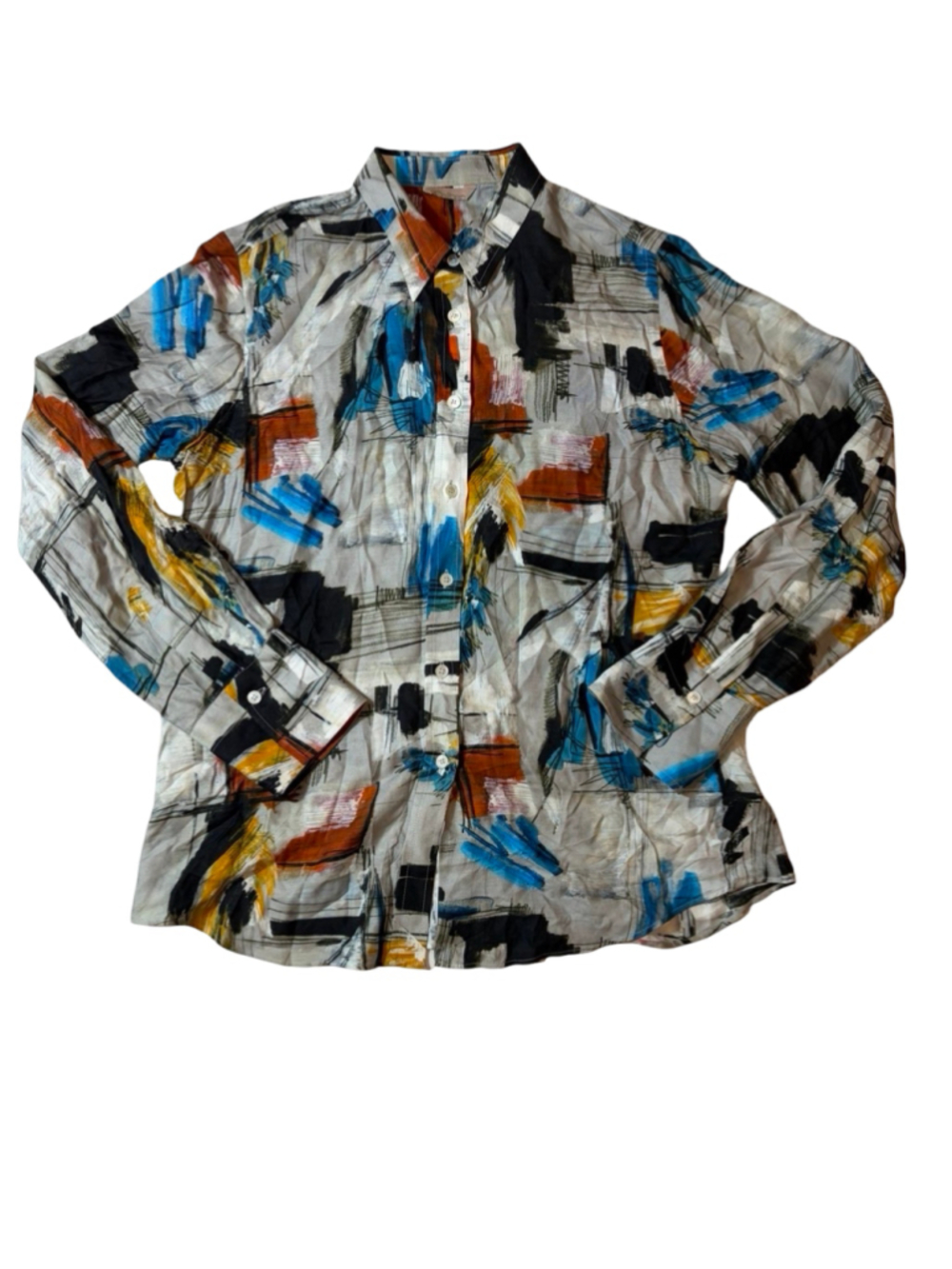 Caliban Italy Abstract Art Print Silk Viscose Button Shirt IT 48 US 12